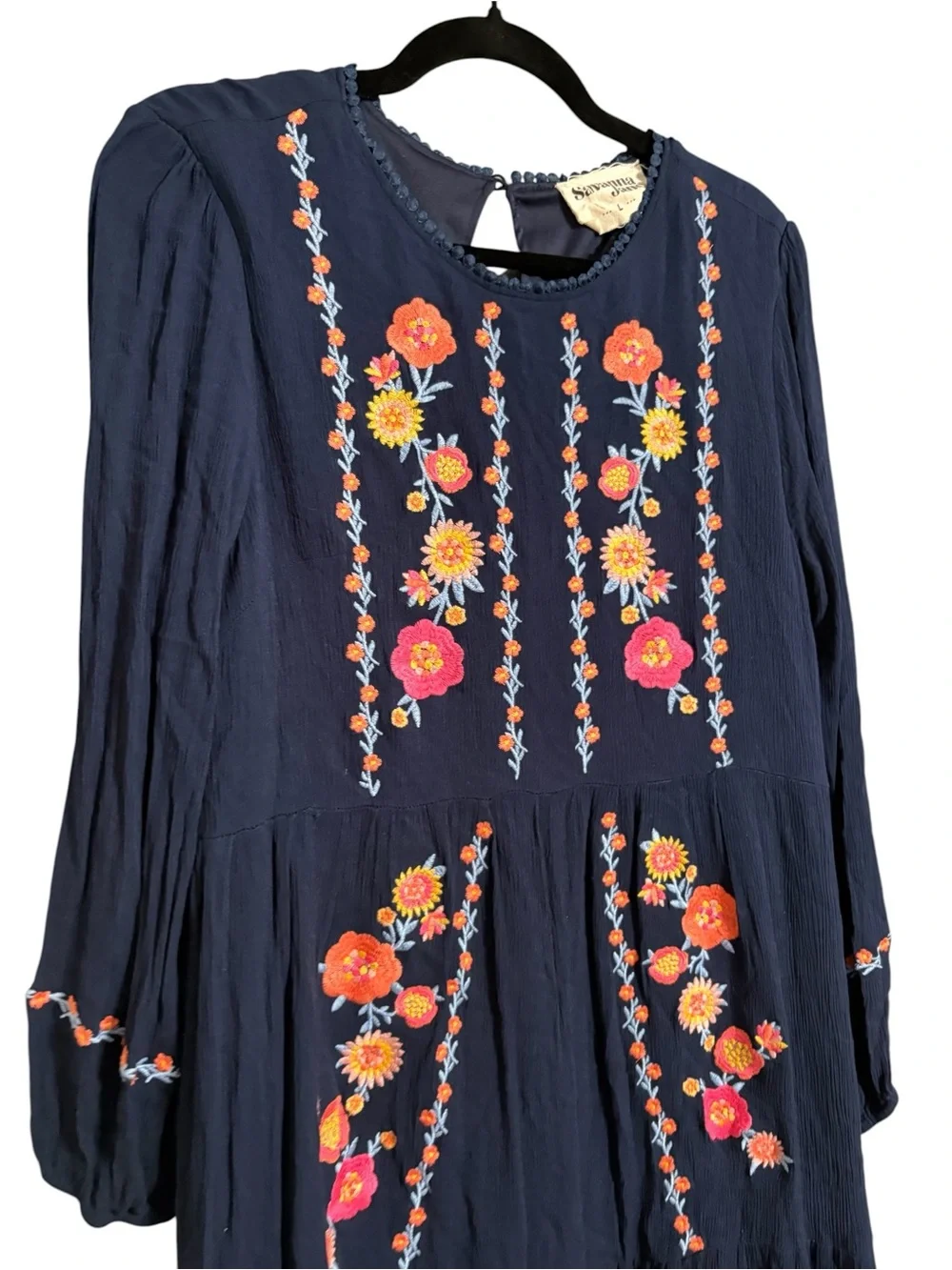 Savanna Jane Embroidered Boho Navy Babydoll Dress Large - Picture 4 of 6